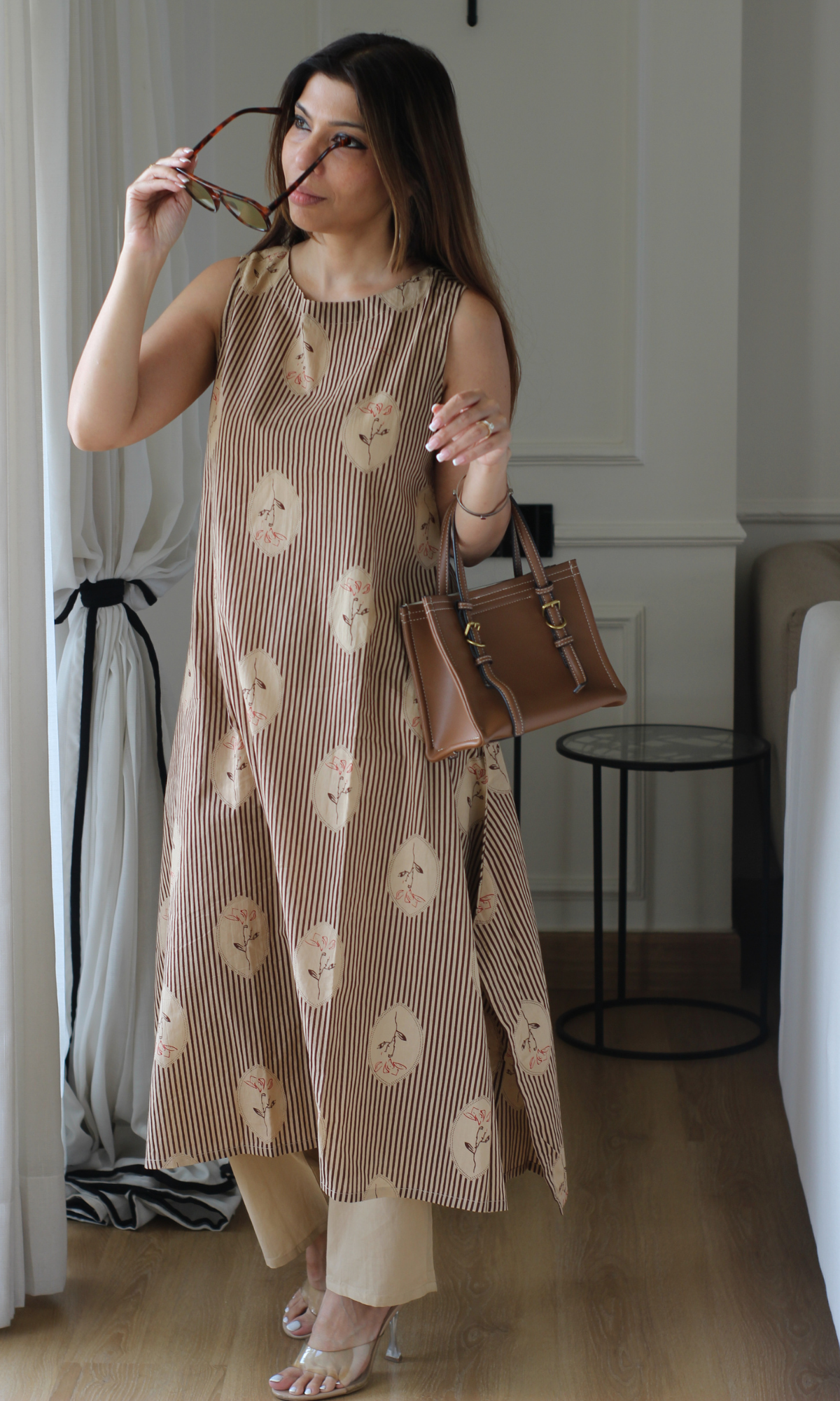 Beige & Brown Striped Sleeveless Kurta with Cotton Pants
