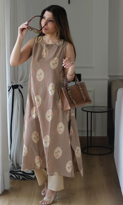 Beige & Brown Striped Sleeveless Kurta with Cotton Pants