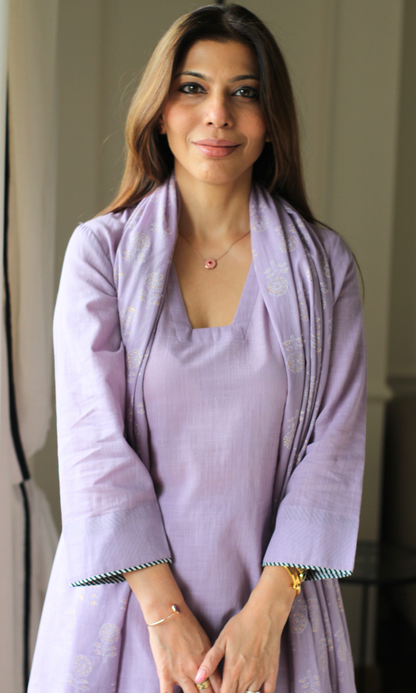 Pastel Purple Cotton Slub Kurta, Pants & Cotton Booti Print Dupatta