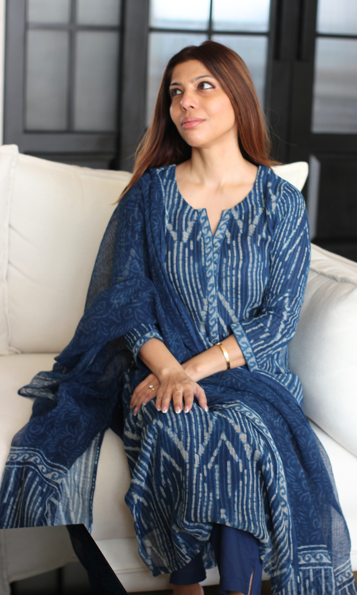 Kota Doria Indigo Geometric  Handblock Print Kurta and Dupatta with Cotton Pants