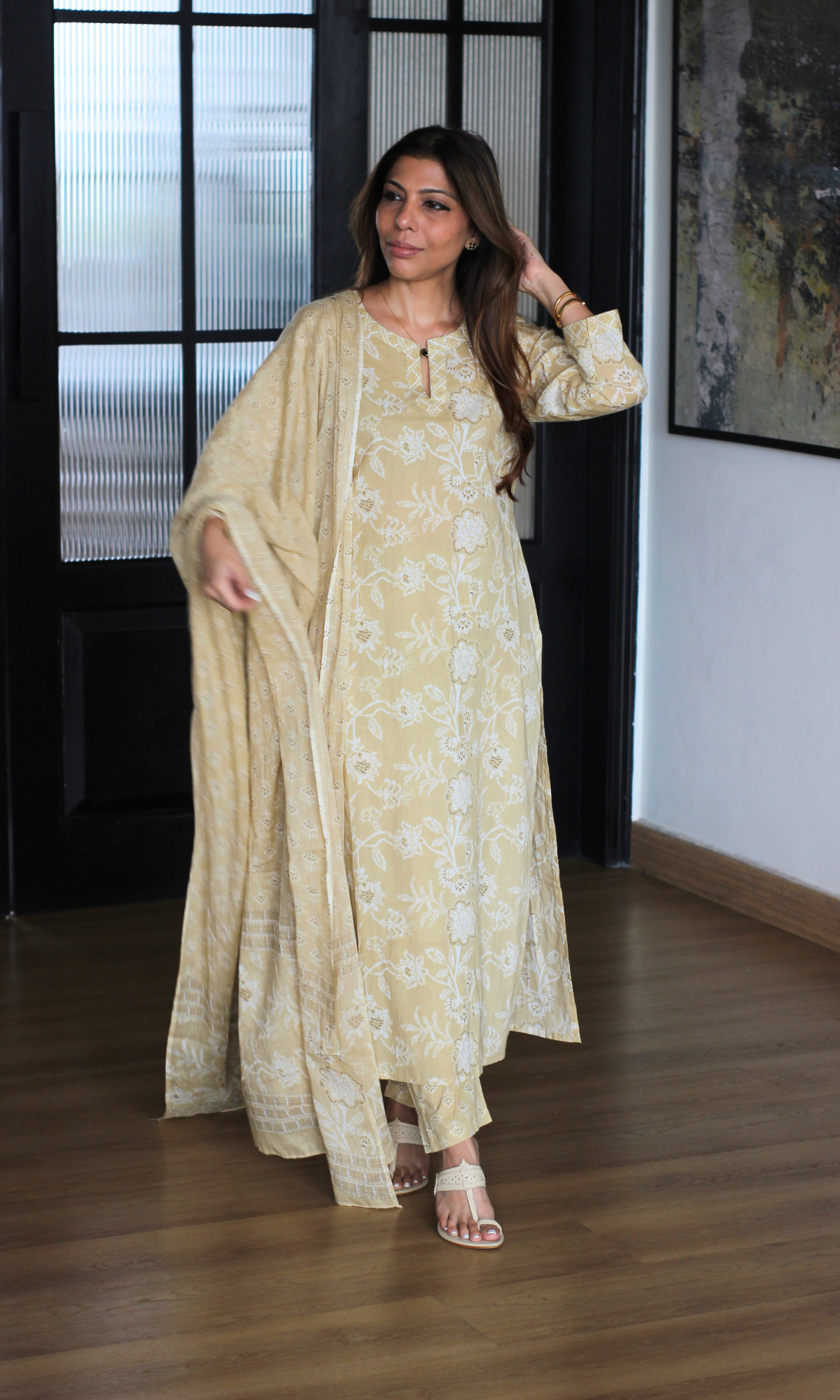 Wheat Block Print Cotton Kurta, Pants & Cotton Printed Dupatta