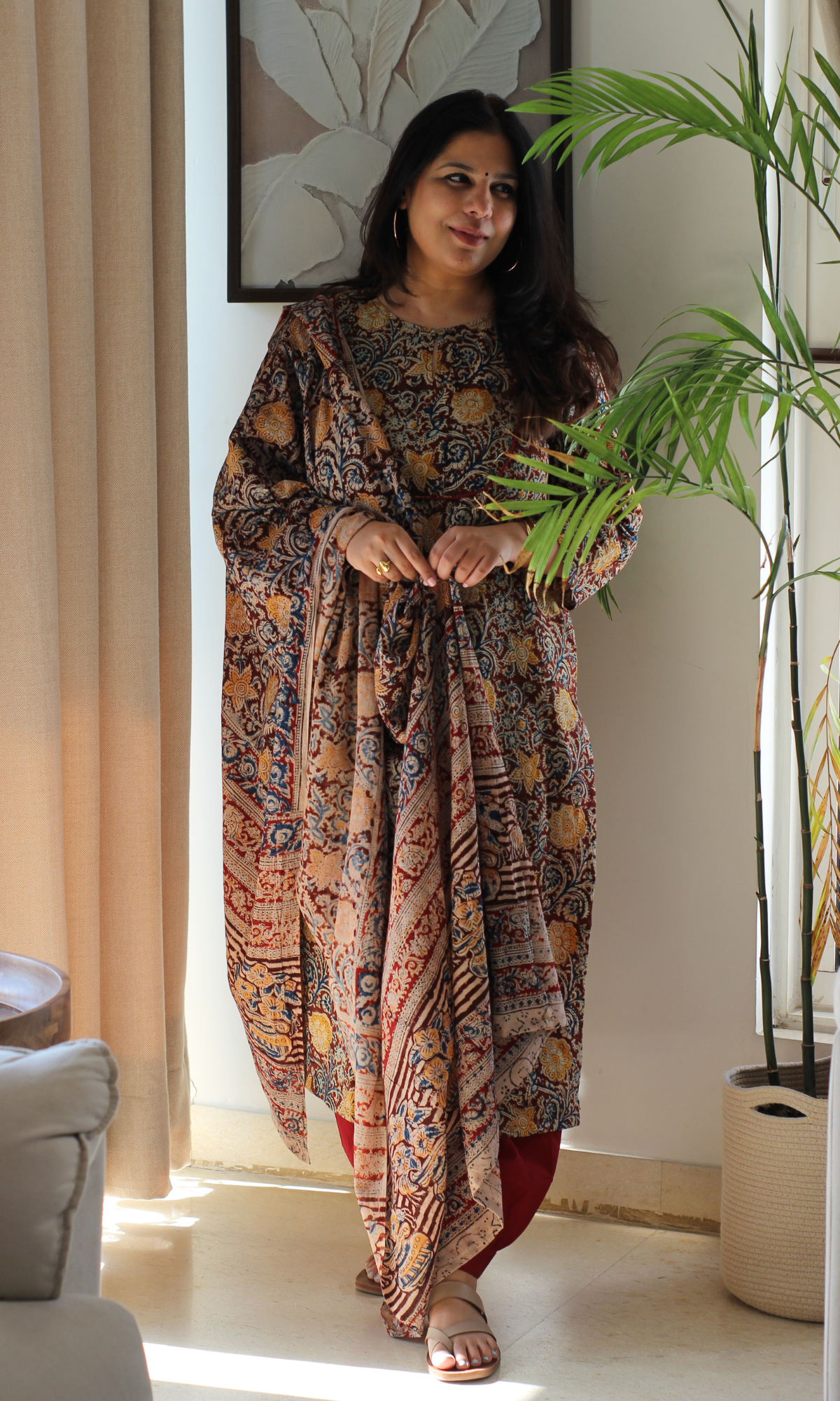 Deep Red & Yellow Flower Story Handblock Kalamkari Kurta, Dupatta & Afghani Pants