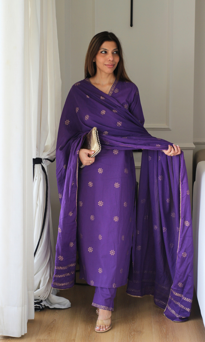 Purple & Gold Star Block print Kurta, Cotton Pants & Cotton Printed Dupatta