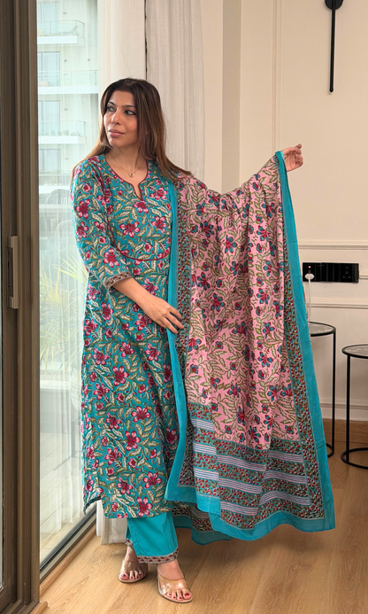 Niyati Teal Block Print Kurta, Pant & Cotton Printed Dupatta