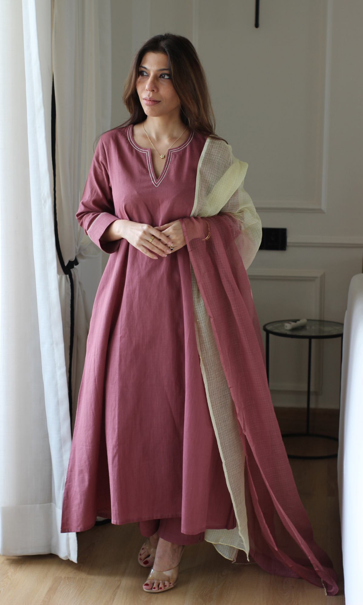Dusty Mauve Slub Cotton Kali Kurta, Pant with Kota Doria Ombré Dupatta