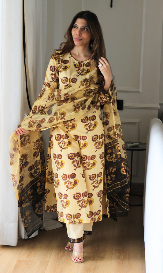 Samira Beige Mughal Print Kurta, Cotton Pant & Kota Doria Block Printed Dupatta