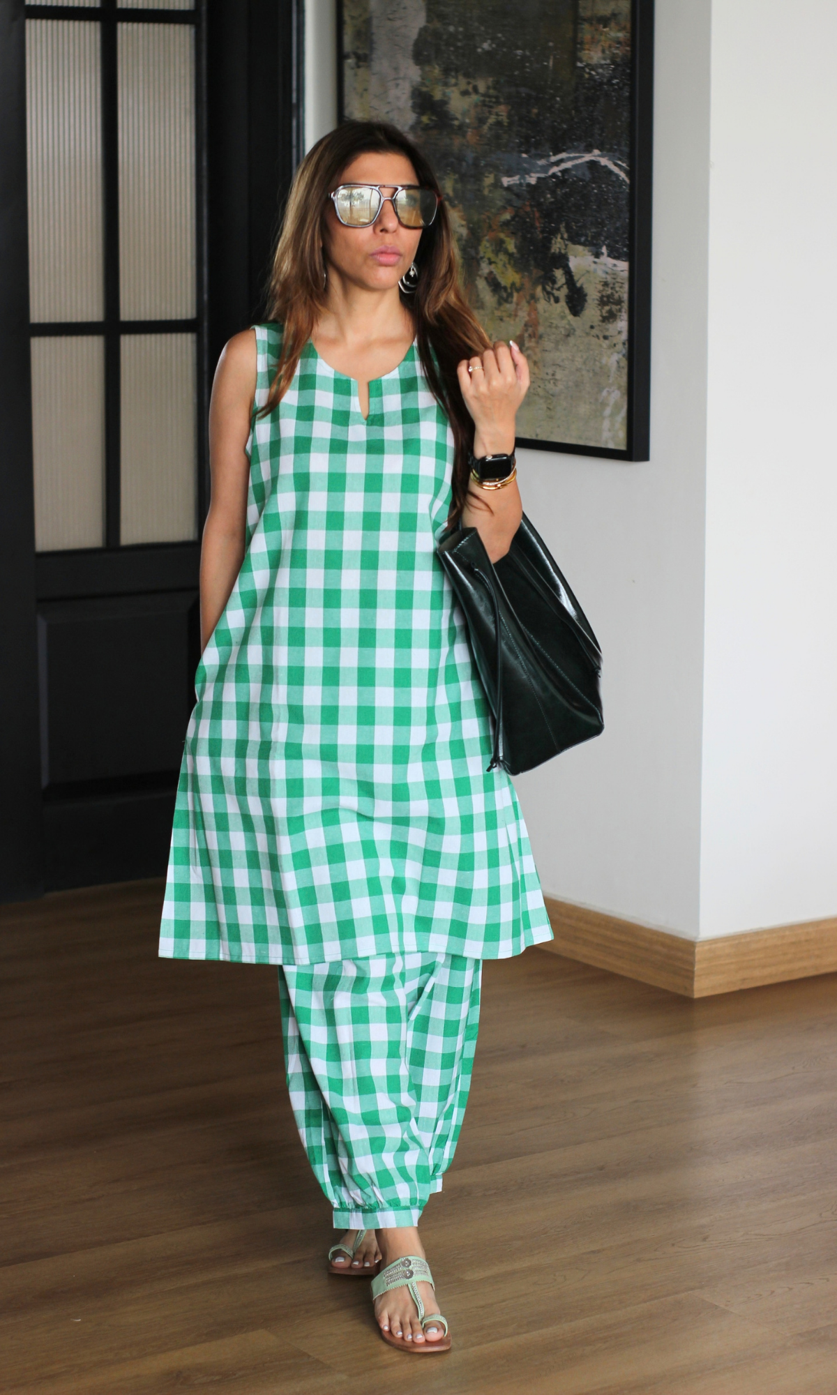 Green Gingham Checks Print A line Kurta with Pleated Pants