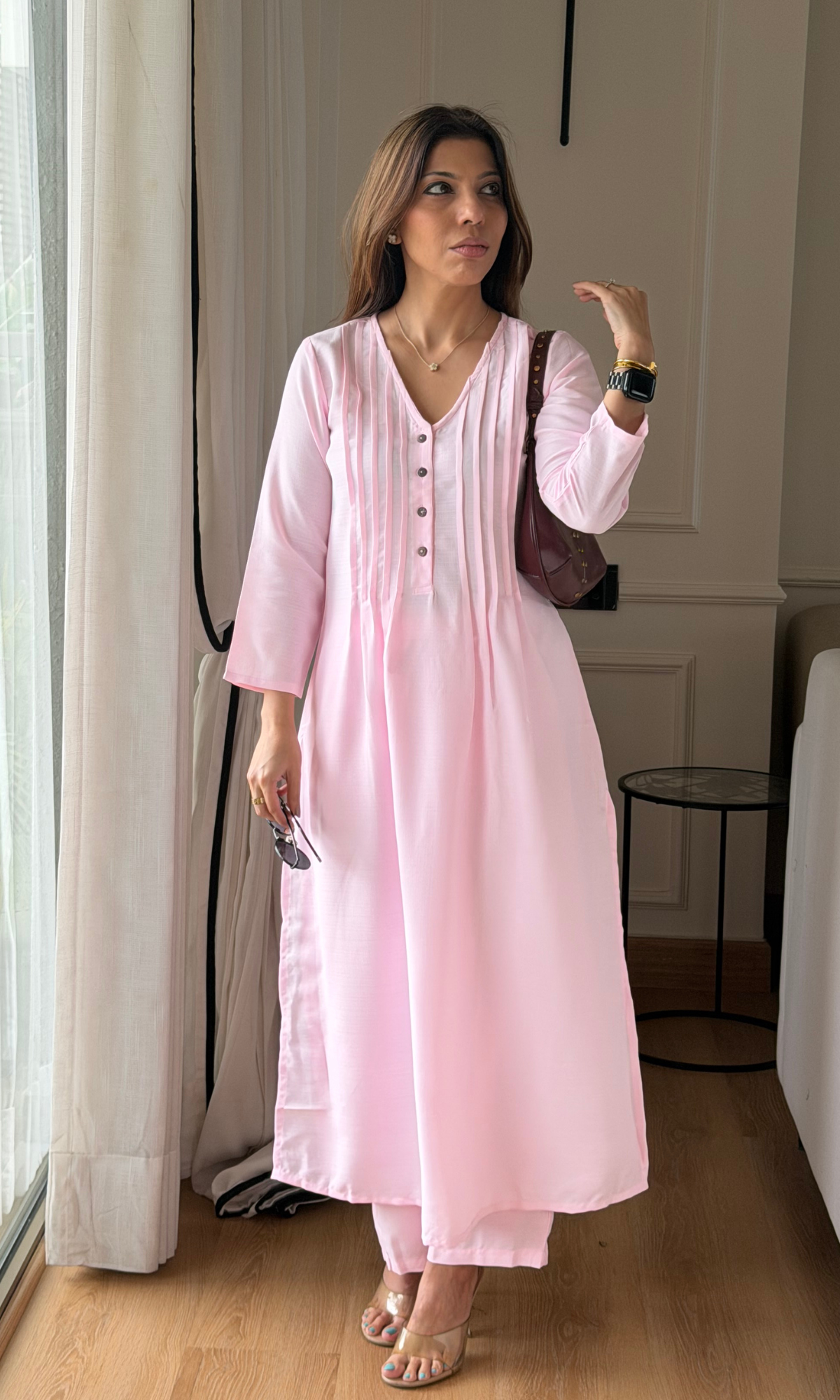 Pink Lily Pleated Buttoned Kurta with Pants