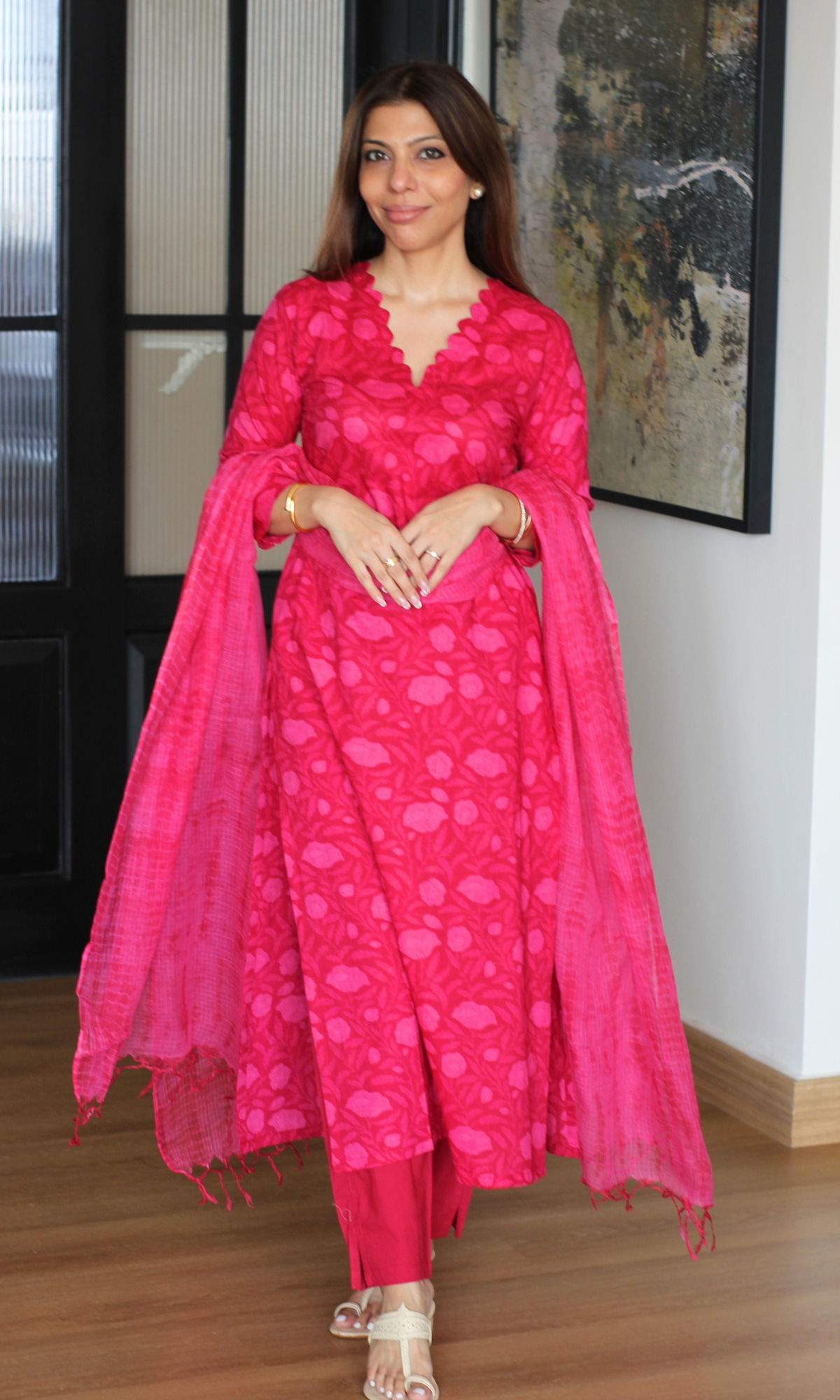 Fuschsia Love Dabu Texture Cotton Kurta, Pant & Kota Doria Shibori Dupatta