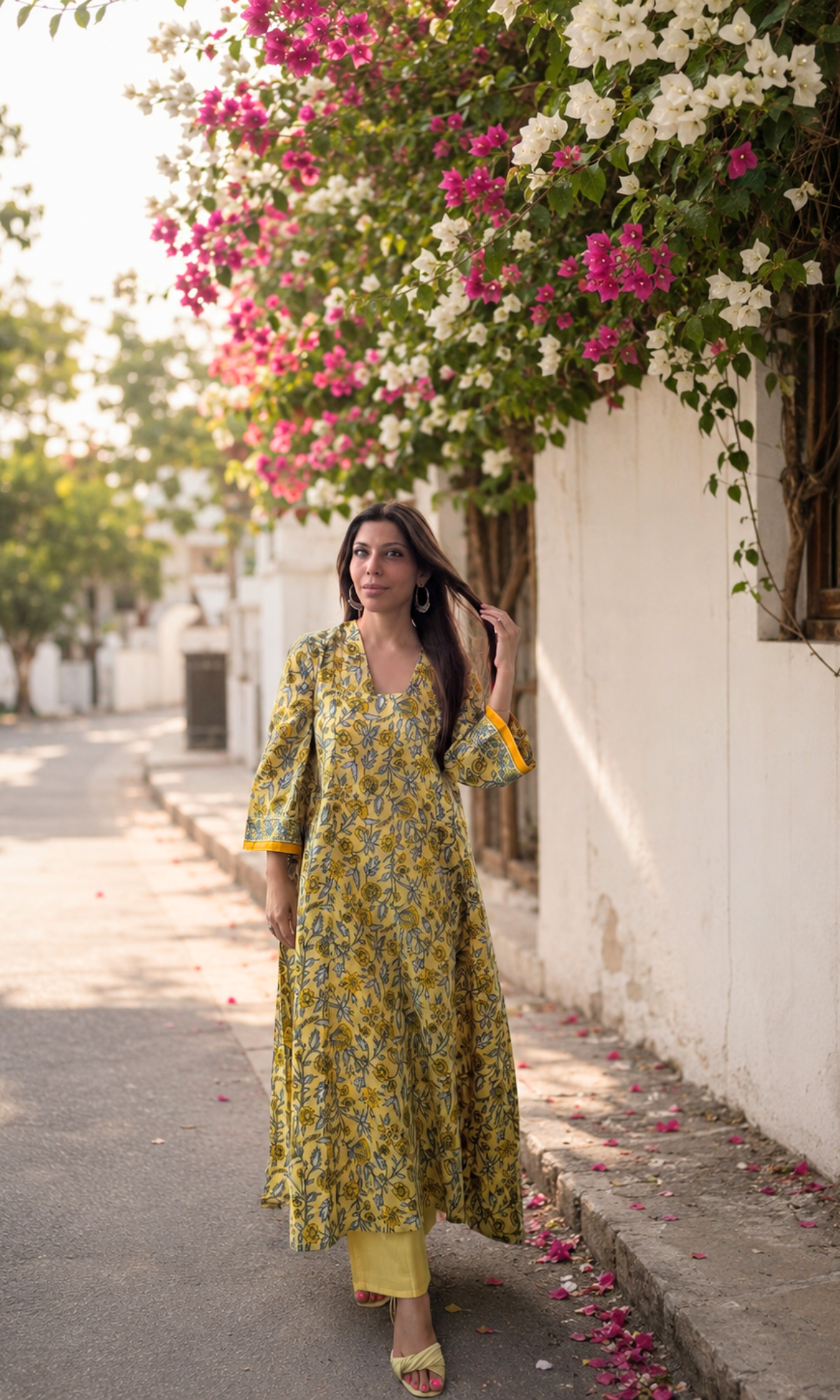 Yellow Meera Handblock Print High Low Kurta & Cotton Pants