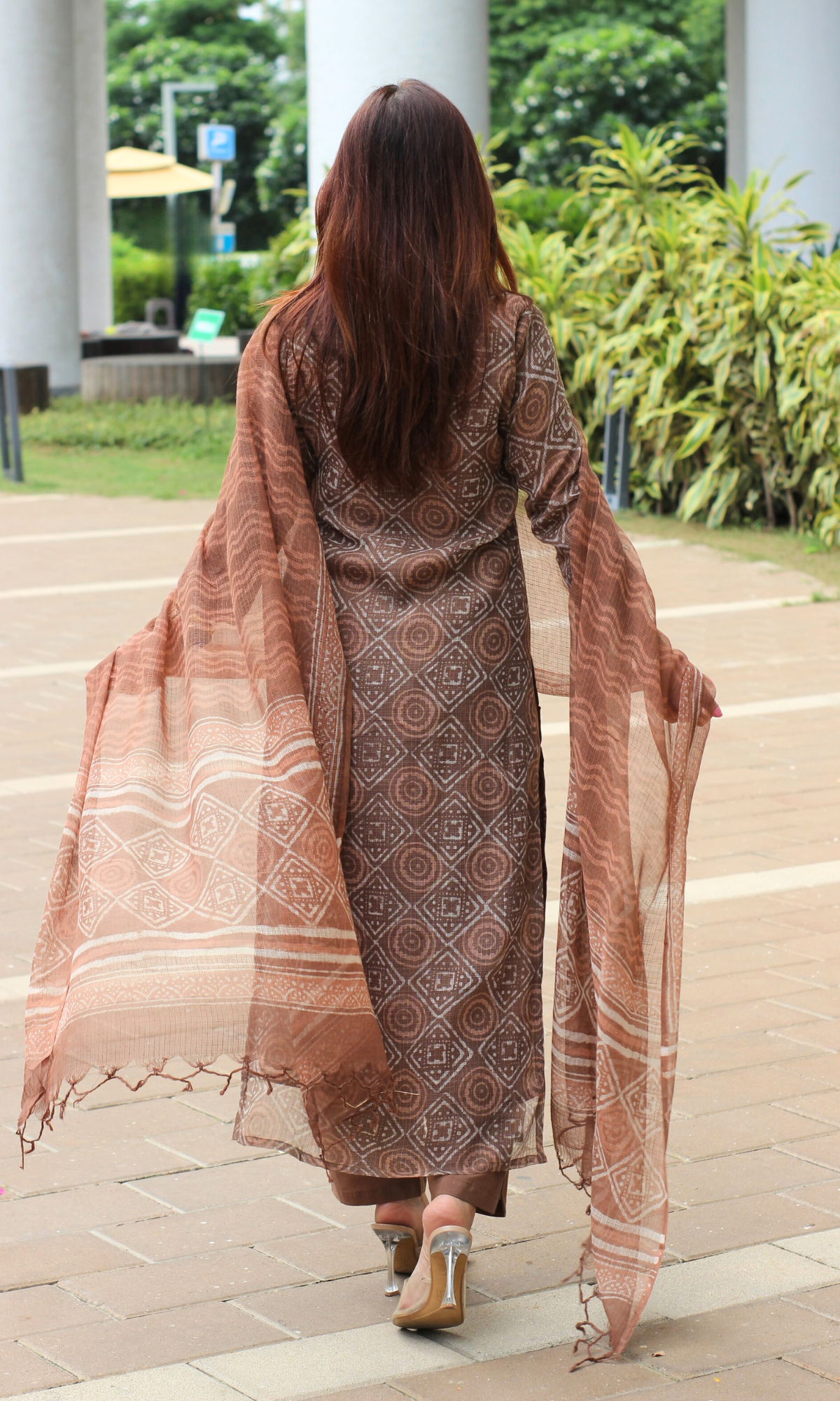 Kota Doria Sandalwood Handblock Print Kurta, Dupatta with Cotton Pants