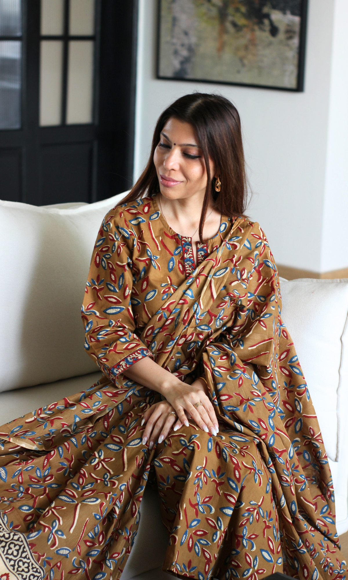 Mocha Mustard Kalamkari Leaf Print Cotton Kurta, Dupatta & Cotton Pants
