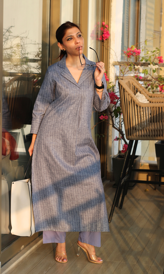 Denim Collared Striped Thread Kurta & Pant