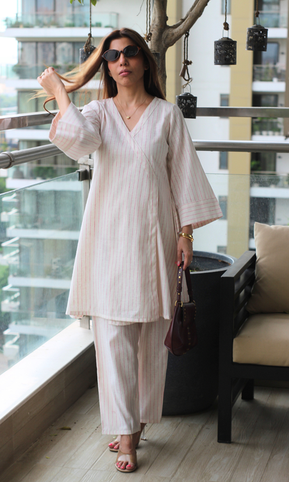 Off-white Handloom Cotton Thread Detail Kimono Co-ord