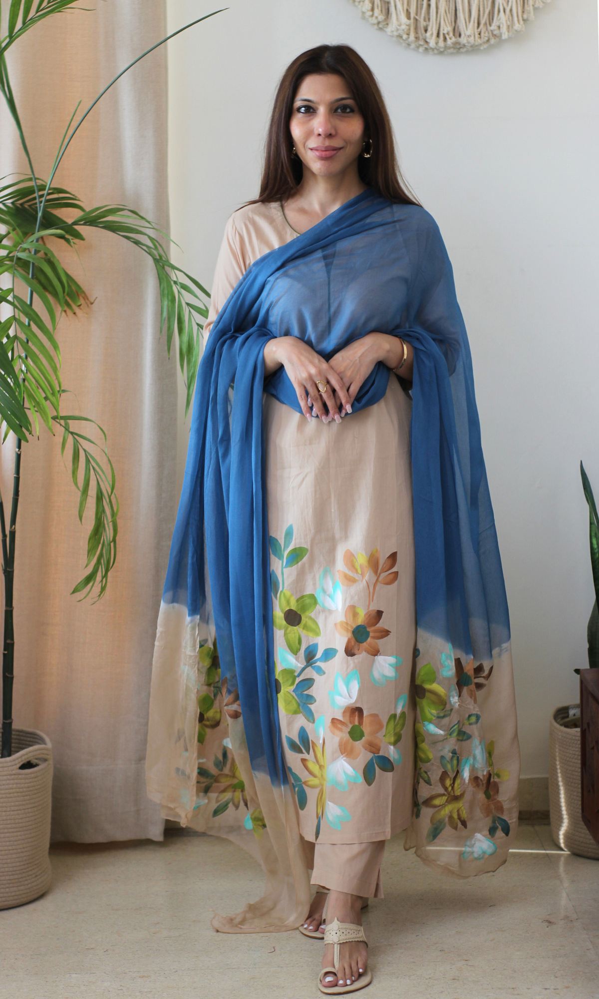 Beige & Blue Symphony Handbrush Painted Kurta, Cotton Pants & Chiffon Ombre Handpainted Dupatta