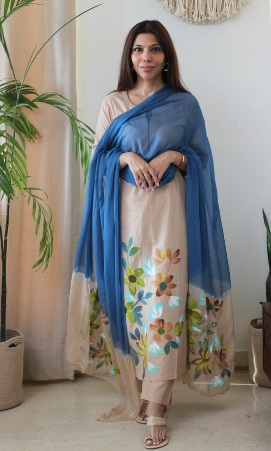 Beige & Blue Symphony Handbrush Painted Kurta, Cotton Pants & Chiffon Ombre Handpainted Dupatta