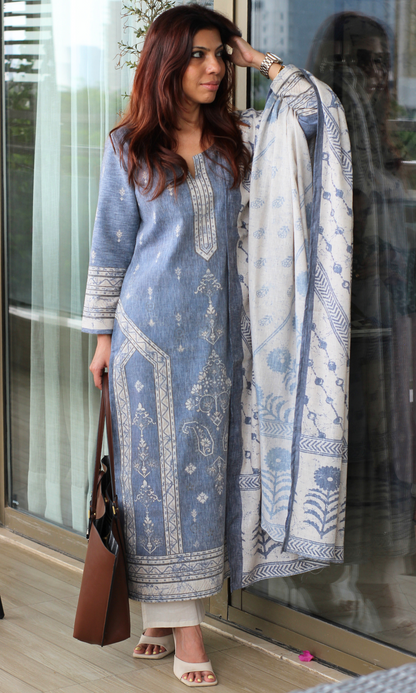 Linen Blend Ash Blue Rahat Print Kurta, Dupatta & Cotton Pants