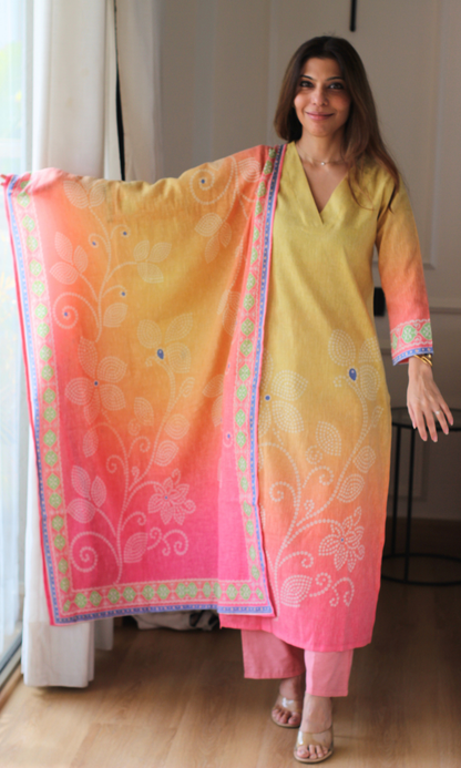 Pink Mirage Linen Blend Kurta , Dupatta & Cotton Pants
