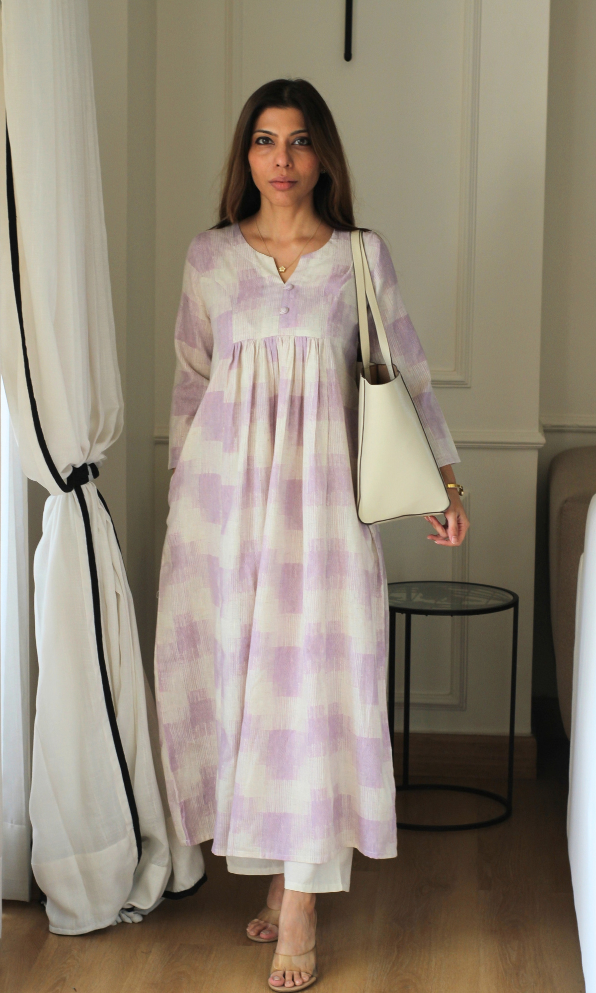 Lavender Checks Linen Cotton Kurta with Cotton Pants