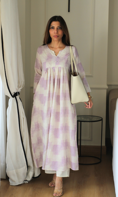 Lavender Checks Linen Cotton Kurta with Cotton Pants