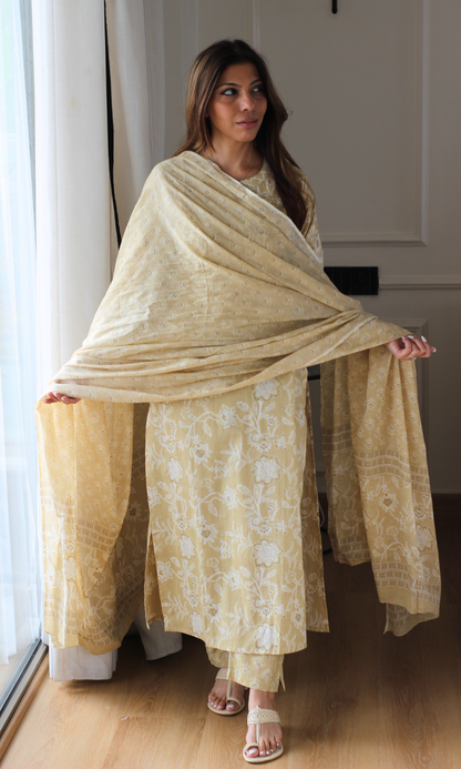 Wheat Block Print Cotton Kurta, Pants & Cotton Printed Dupatta