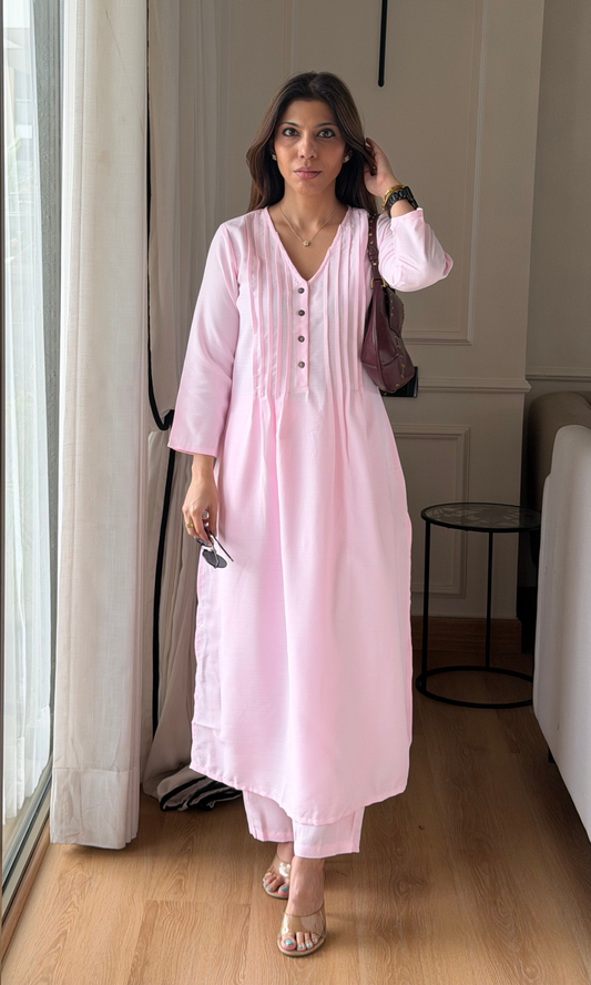 Pink Lily Pleated Buttoned Kurta with Pants