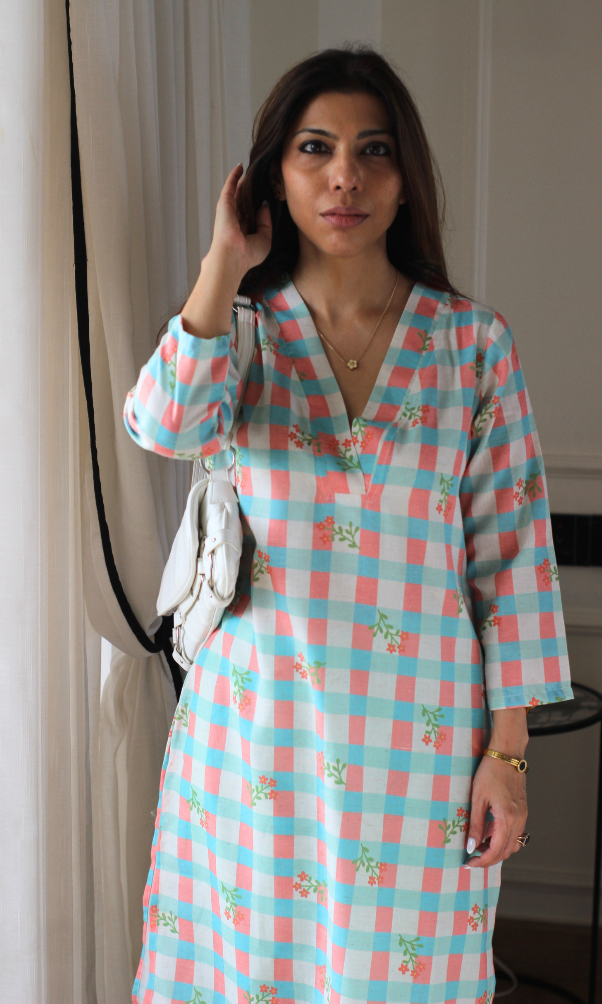 Ocean Checkered Linen Blend Kurta with Cotton Pants