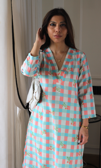Ocean Checkered Linen Blend Kurta with Cotton Pants