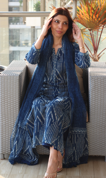 Kota Doria Indigo Geometric  Handblock Print Kurta and Dupatta with Cotton Pants