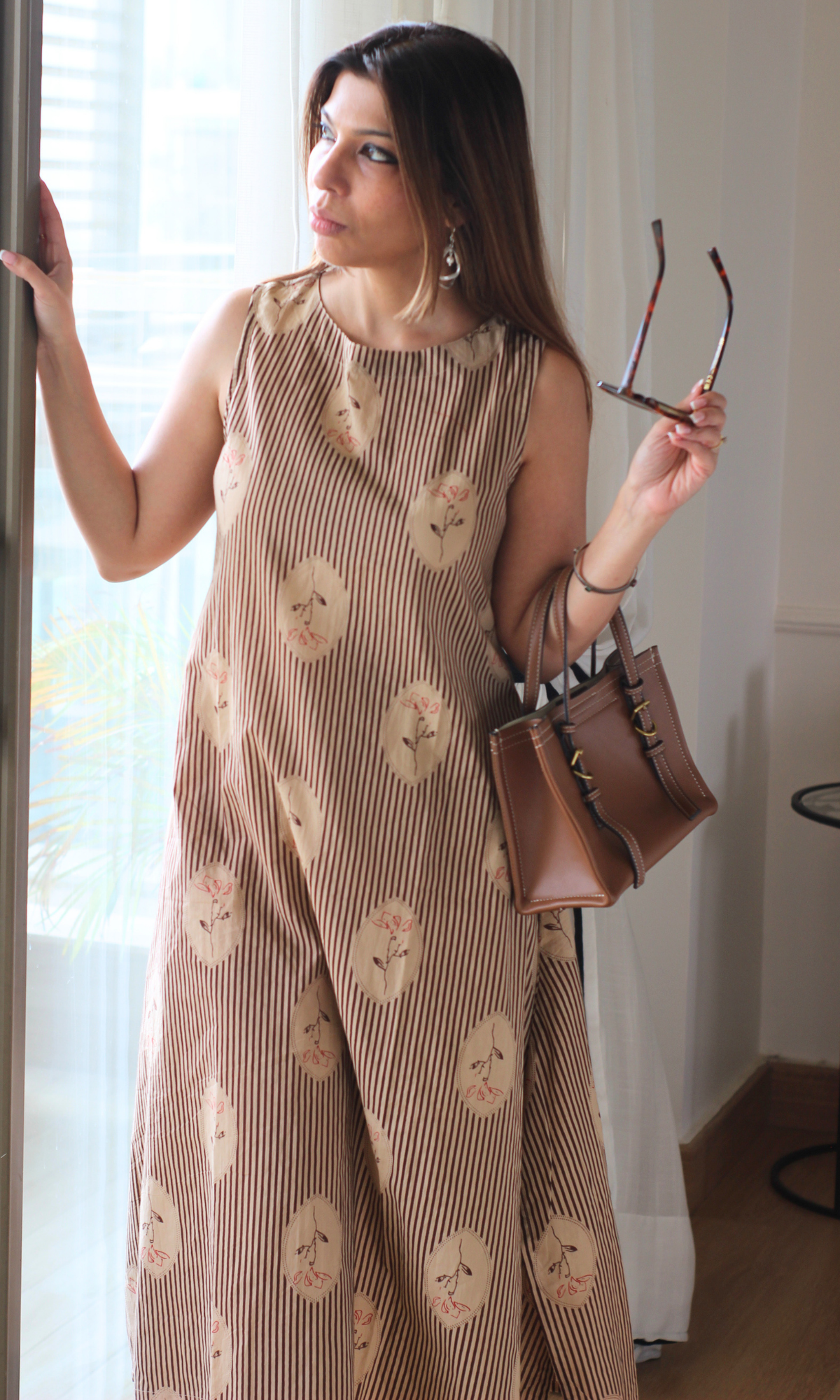 Beige & Brown Striped Sleeveless Kurta with Cotton Pants