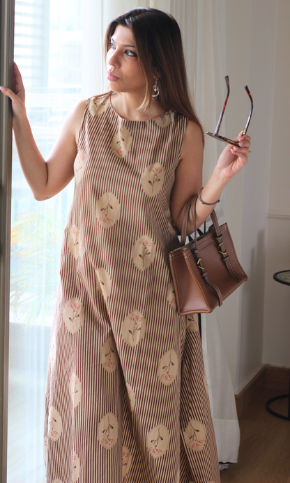 Beige & Brown Striped Sleeveless Kurta with Cotton Pants