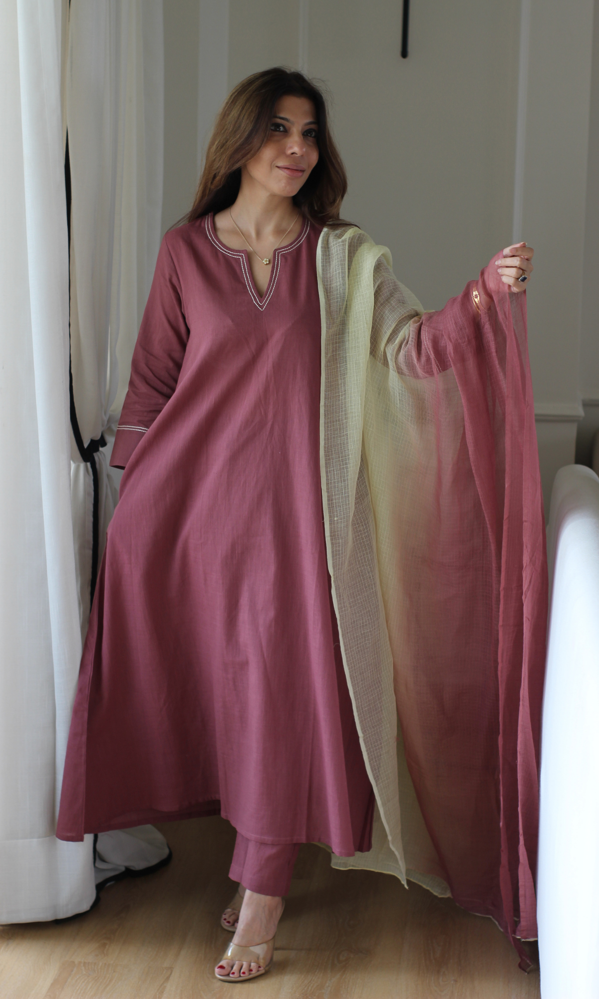 Dusty Mauve Slub Cotton Kali Kurta, Pant with Kota Doria Ombré Dupatta