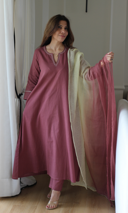 Dusty Mauve Slub Cotton Kali Kurta, Pant with Kota Doria Ombré Dupatta