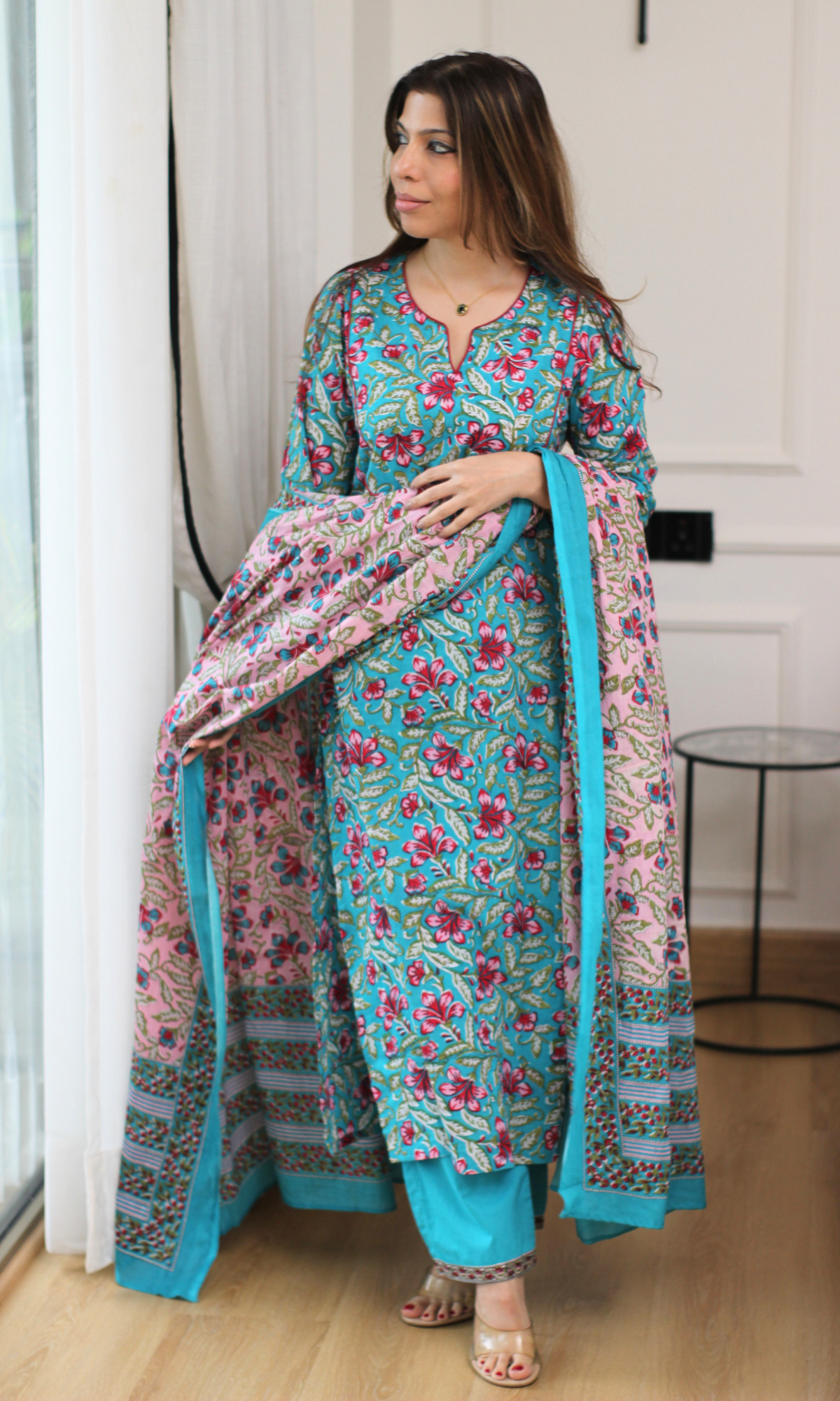 Niyati Teal Block Print Kurta, Pant & Cotton Printed Dupatta