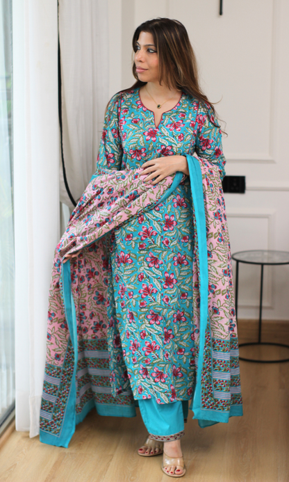 Niyati Teal Block Print Kurta, Pant & Cotton Printed Dupatta