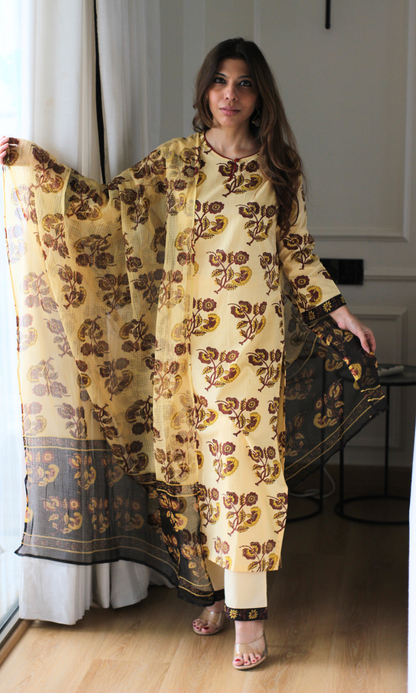Samira Beige Mughal Print Kurta, Cotton Pant & Kota Doria Block Printed Dupatta