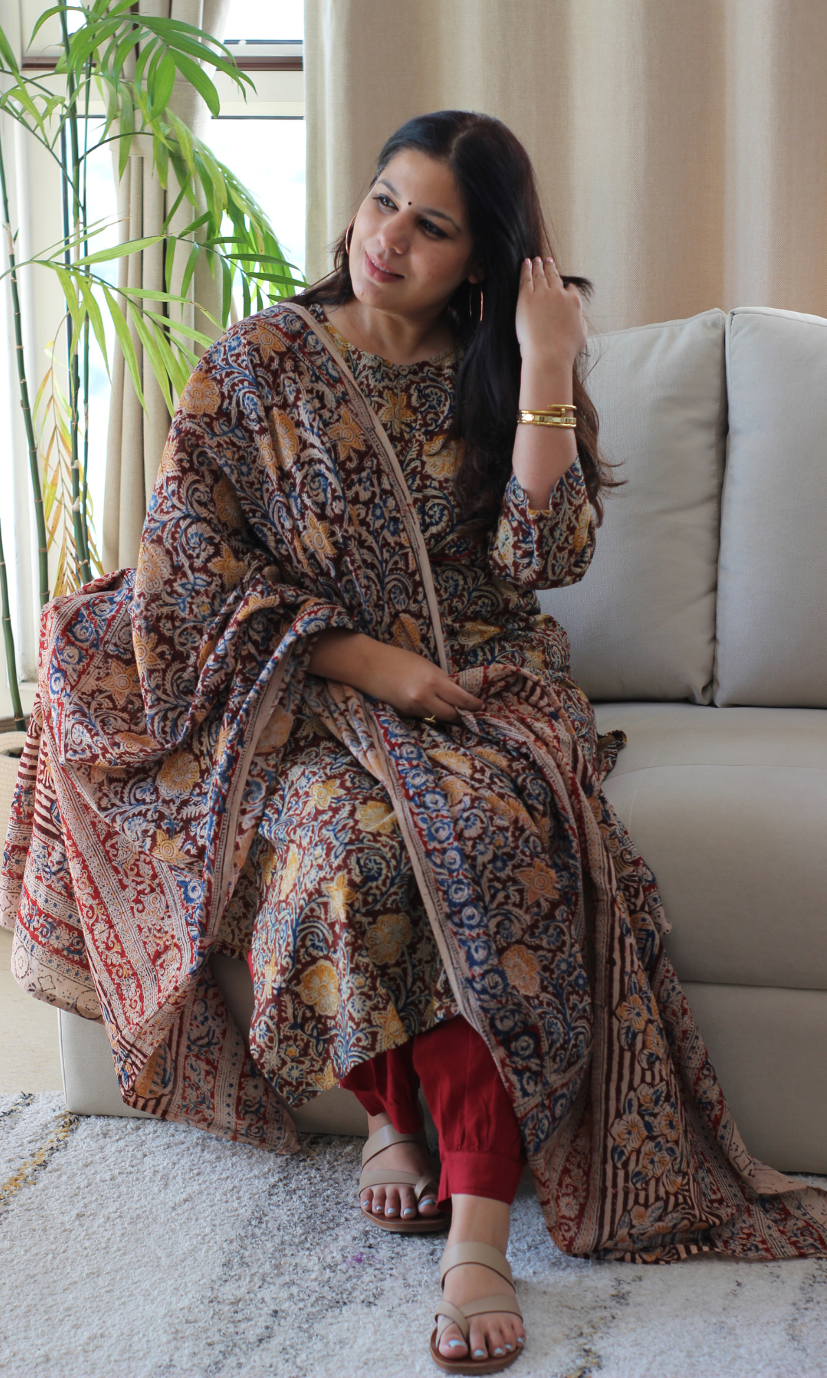 Deep Red & Yellow Flower Story Handblock Kalamkari Kurta, Dupatta & Afghani Pants