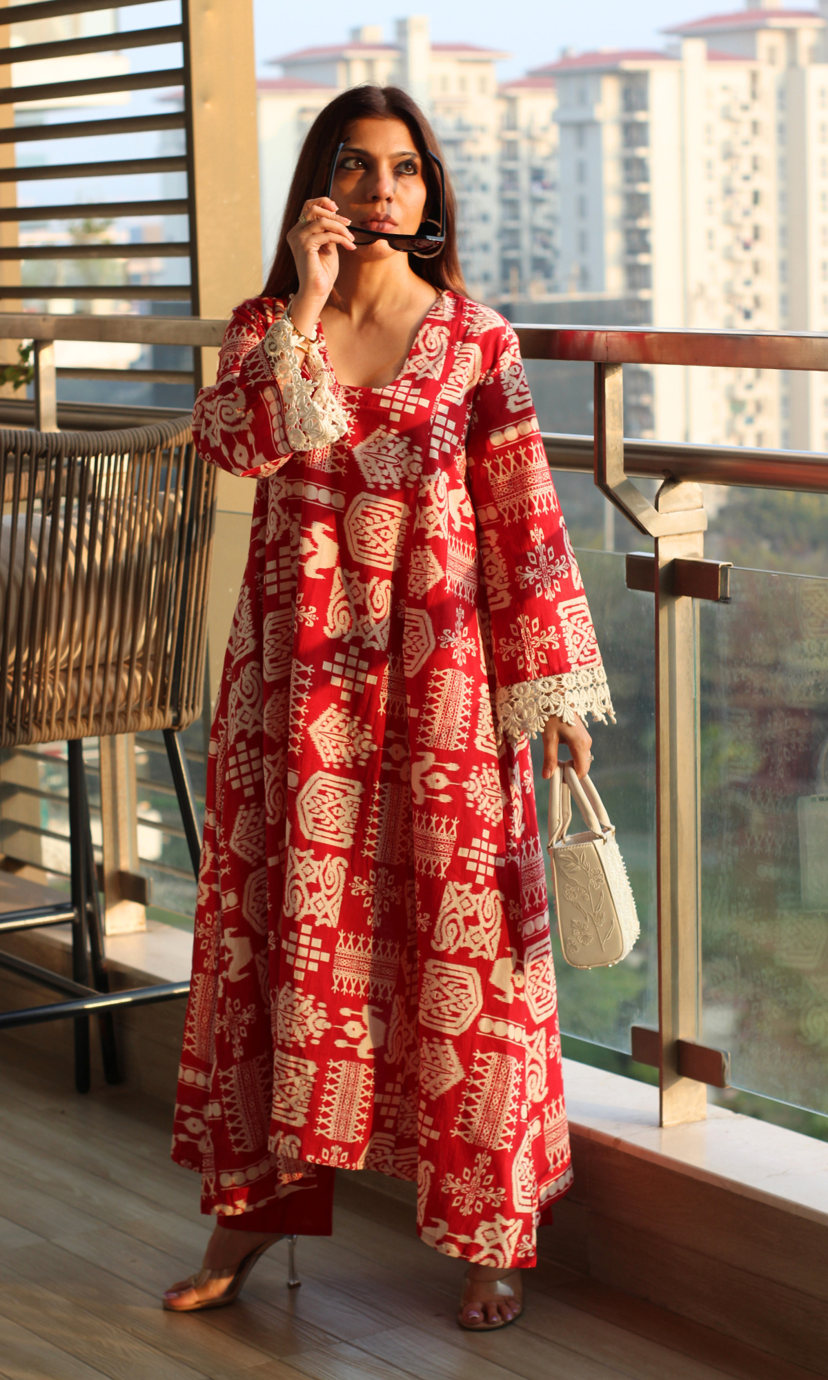 Red Tribal Printed High Low Cotton Kurta with Pants