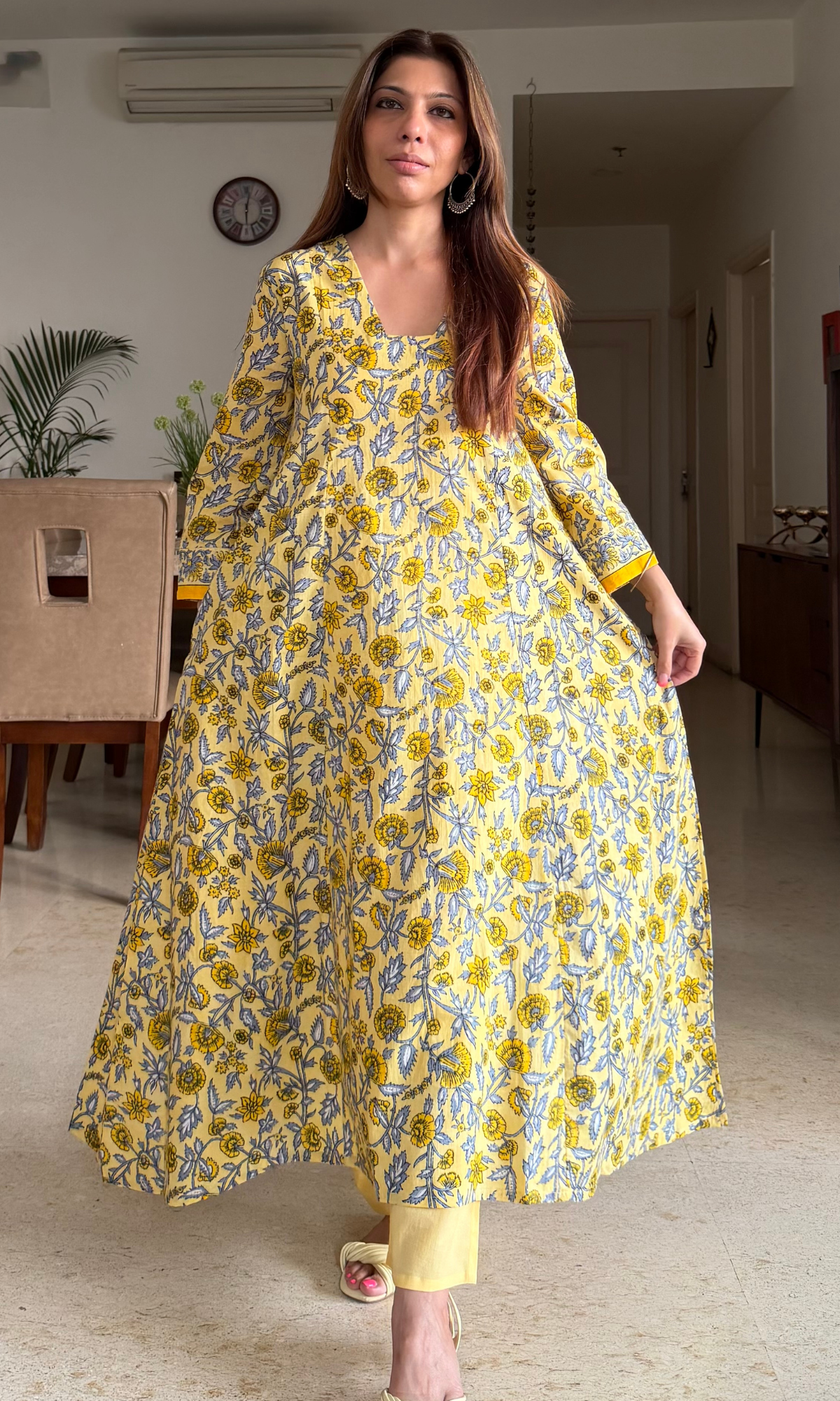Yellow Meera Handblock Print High Low Kurta & Cotton Pants