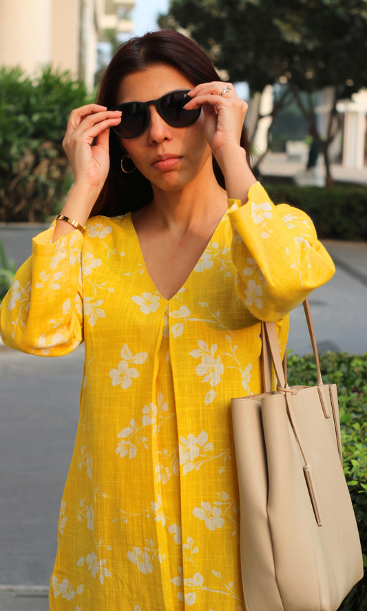 Cotton Slub Bright Yellow Pleated Kurta with Pants