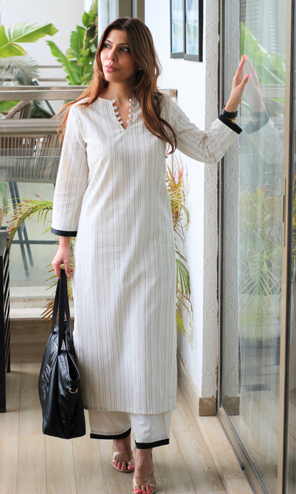 Cotton Off-white & Black Thread Detail Kurta with Bottom