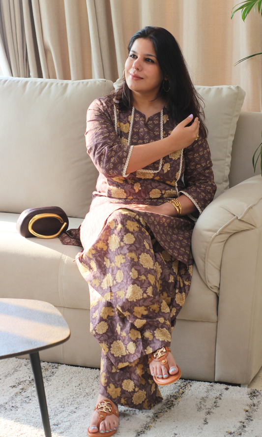 Cotton Zafran Block Print Kurta & Farshi Salwaar