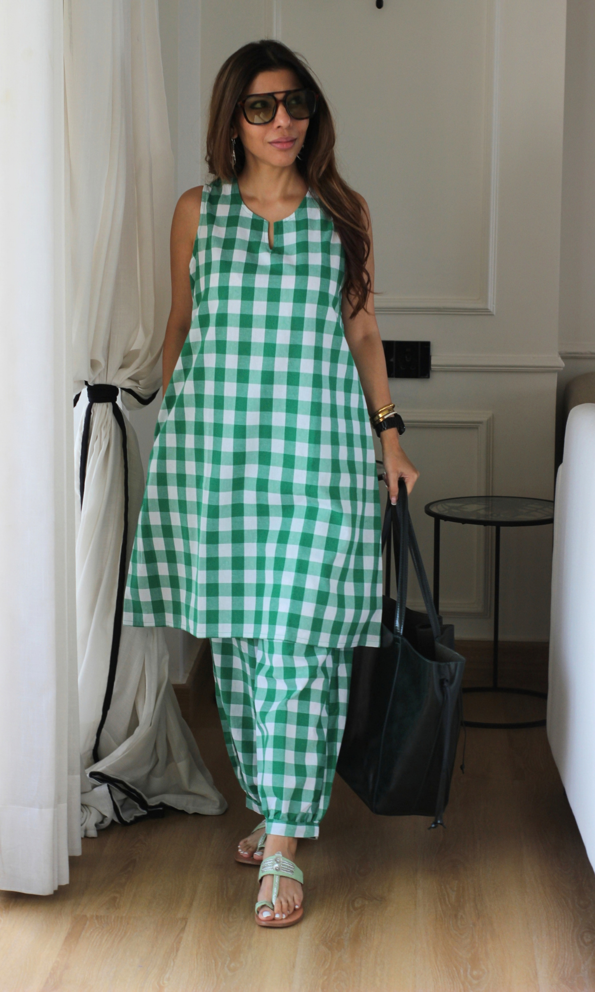 Green Gingham Checks Print A line Kurta with Pleated Pants
