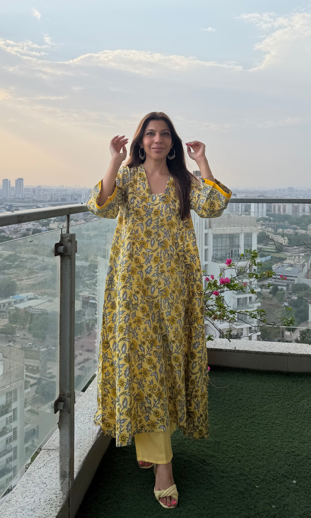 Yellow Meera Handblock Print High Low Kurta & Cotton Pants
