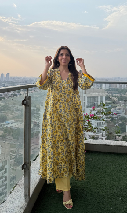 Yellow Meera Handblock Print High Low Kurta & Cotton Pants