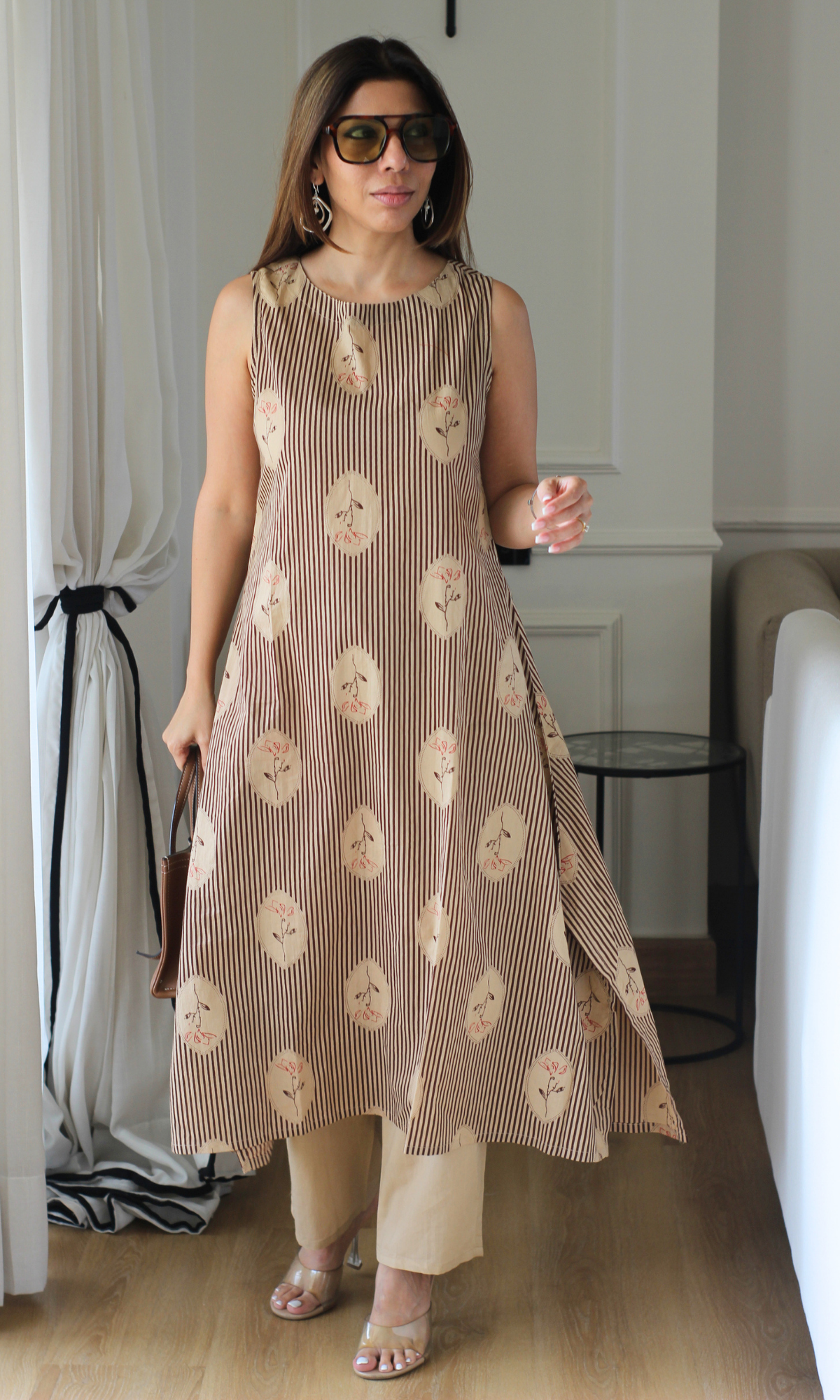 Beige & Brown Striped Sleeveless Kurta with Cotton Pants