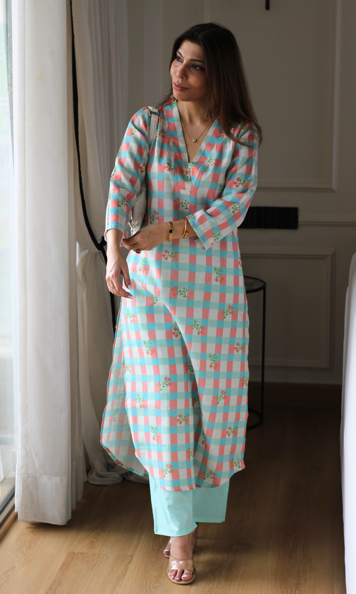 Ocean Checkered Linen Blend Kurta with Cotton Pants