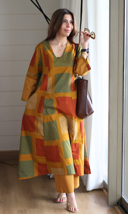 Mustard Box Print Kali Style High Low Kurta with Cotton Pants