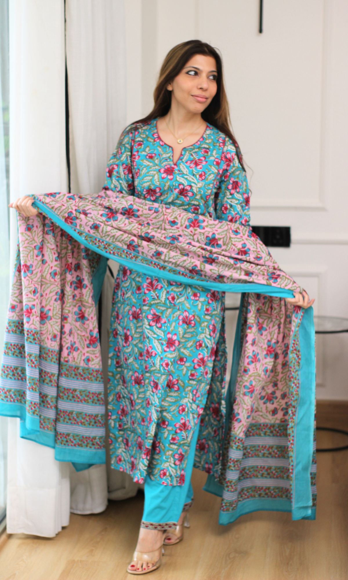 Niyati Teal Block Print Kurta, Pant & Cotton Printed Dupatta