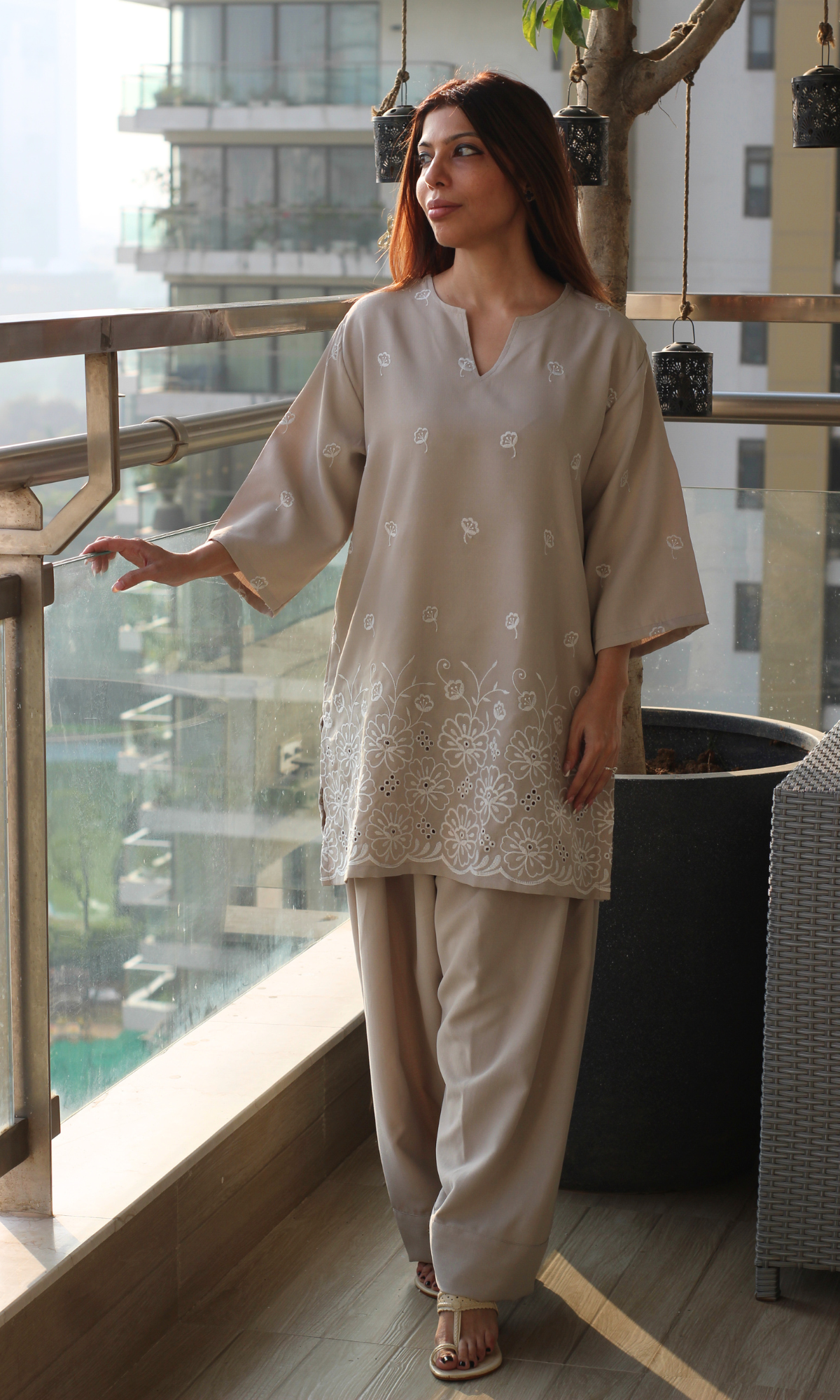 Muted Taupe Embroidered Anti Fit Kurta & Farshi Salwaar
